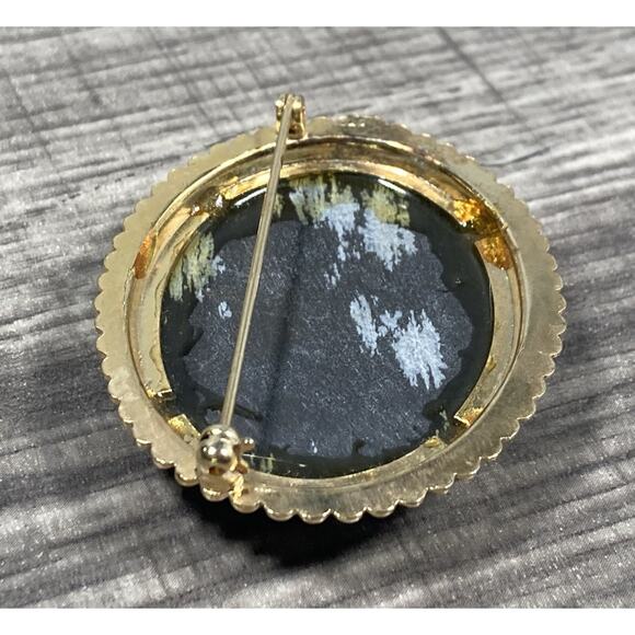 Vintage Oval Black Snowflake Obsidian Cabochon Gold Tone Brooch Pin - Picture 6 of 10